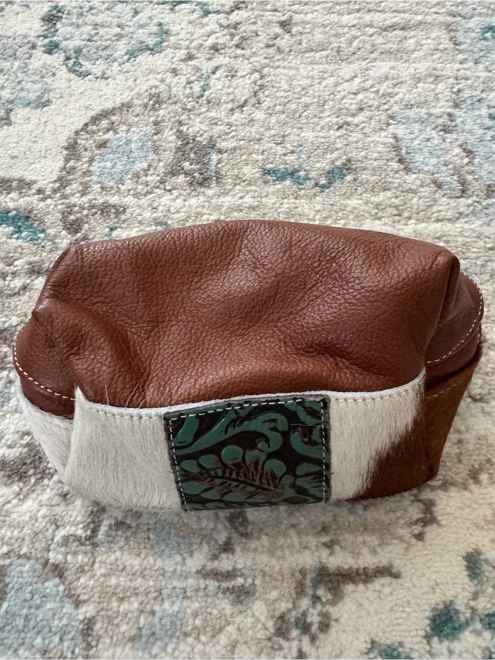 Western Cowhide Leather Cosmetic Makeup Bag Pouch Brown White Tooled Accent